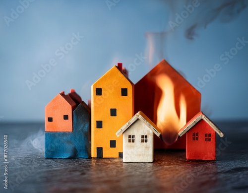 miniature burning house while nearby homes remain intact symbolizing property fire risk insurance coverage limits and claim importance