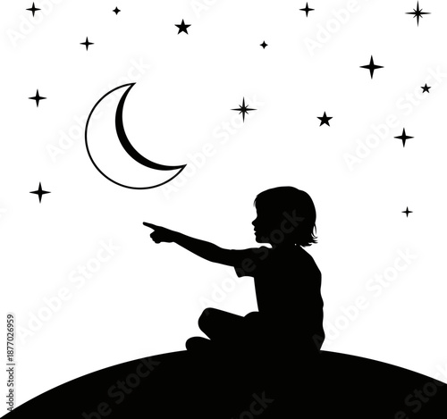 Child pointing at crescent moon and stars in night sky background