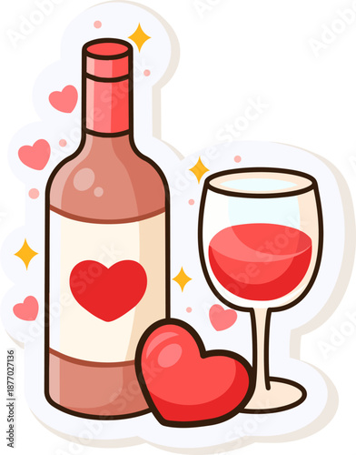 Cute cartoon wine bottle with a glass and hearts, perfect for Valentine's Day.