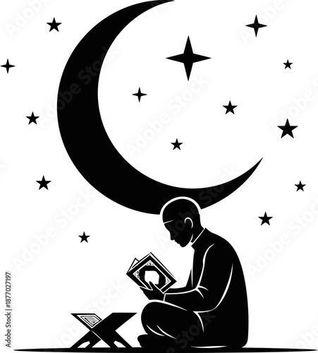 Muslim man reading quran under crescent moon and stars spiritual illustration