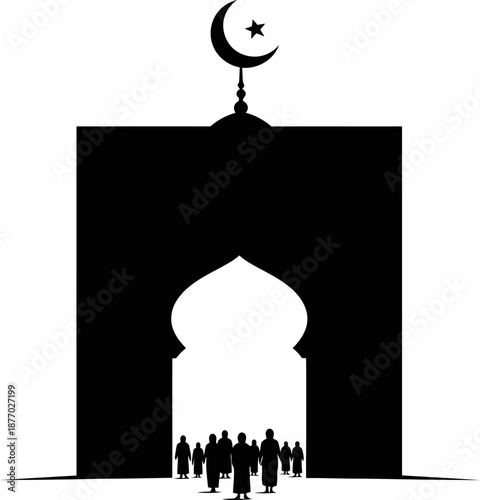 People gathered in front of large mosque arch silhouette with crescent moon and star