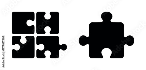 Black silhouette puzzle pieces set isolated on transparent background solution concept teamwork strategy logic game connection icon vector illustration clipart matching piece collection