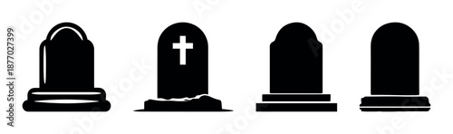 Gravestone tombstone icon vector isolated on transparent background featuring silhouette memorial headstone death burial cross cemetery Halloween symbol flat black stone grave monument illustration