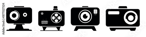 Projector camera icon set vector isolated on transparent background black silhouette electronic device modern technology multimedia gadget lens optical home theater vintage video equipment