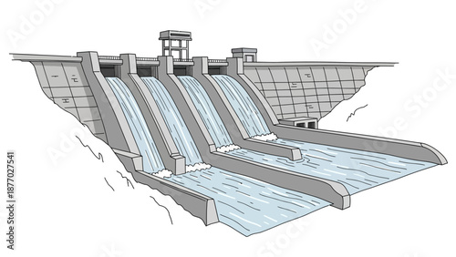 Dam with Multiple Water Spillways Illustration.