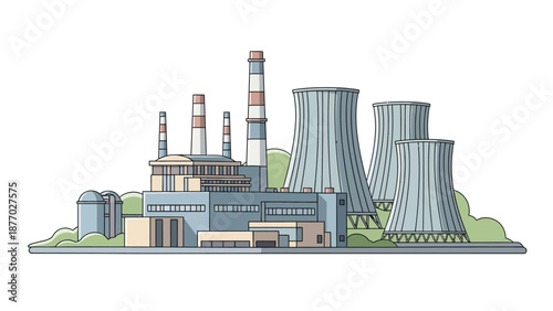 Nuclear Power Plant Illustration with Cooling Towers.
