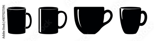 Coffee mug cup icon set tea beverage silhouette black collection hot drink container vector isolated on transparent background cafe espresso symbol caffeine ceramic design clipart