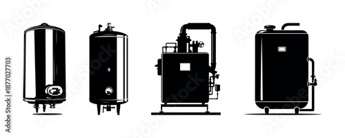 Industrial boiler equipment set including water heater tanks, gas heater, steam boiler, vector isolated on transparent background for plumbing, heating, engineering, factory, industry, technology use