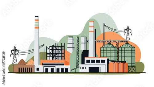 Industrial Power Plant with Towers and Chimneys.