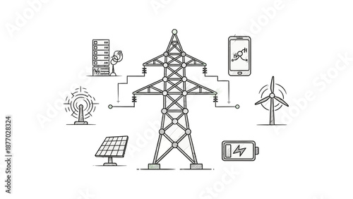 Electricity Pylon with Renewable Energy Icons.