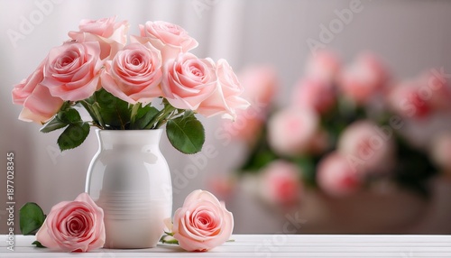A White Vase With Pink Roses In It