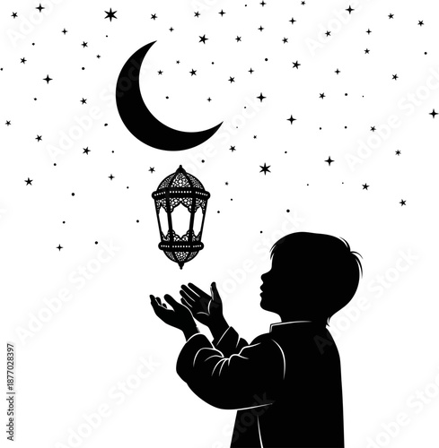 Boy with outstretched hands reaching for lantern under crescent moon