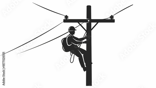 Lineman Working on Power Lines Utility Pole.