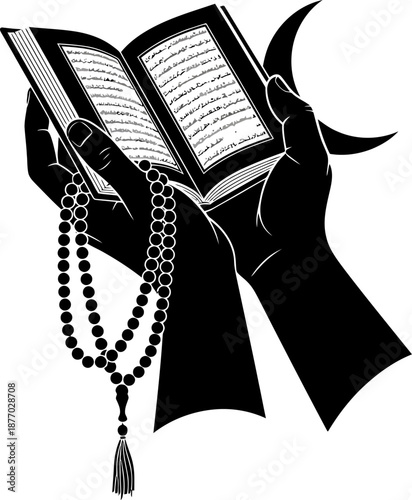 Silhouette hands holding holy book quran and rosary beads with moon Islamic symbol