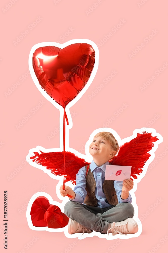 Obraz premium Cute little cupid with gifts, letter and heart-shaped balloon on pink background. Valentine's Day celebration