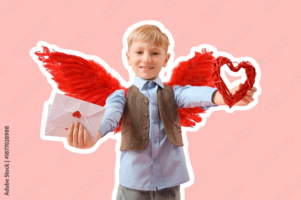 Fototapeta premium Cute little cupid with letters and heart on pink background. Valentine's Day celebration
