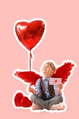 Cute little cupid with gifts, letter and heart-shaped balloon on pink background. Valentine's Day celebration