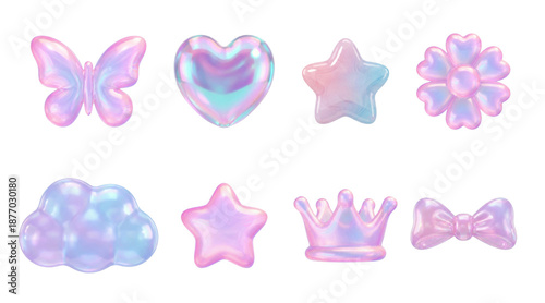 Y2K Holographic Icon Grid with Hearts, Stars and Cute Pastel Symbols.