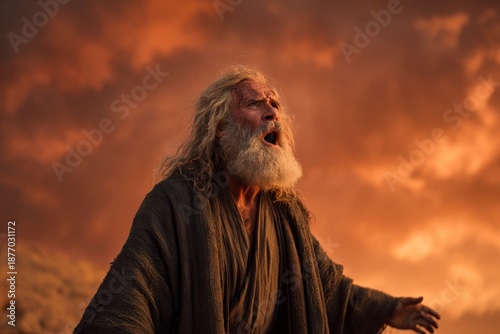 Elderly Prophet Proclaiming at Fiery Sunset