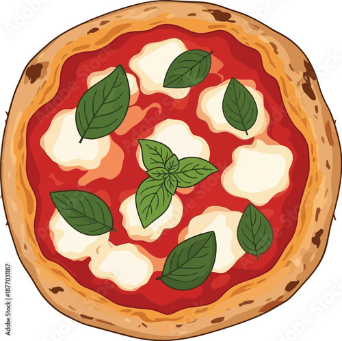 A delicious margherita pizza with fresh basil leaves on top of melted mozzarella cheese and tomato sauce