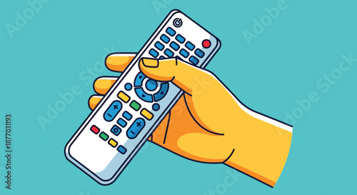 A hand holding a remote control against a solid teal background