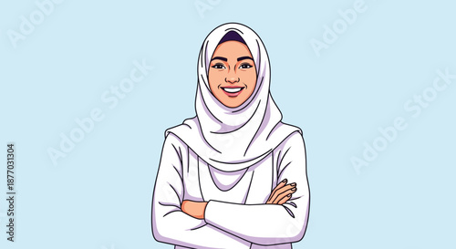 A smiling woman wearing a white hijab and a long-sleeved shirt stands confidently with her arms crossed against a light blue background.