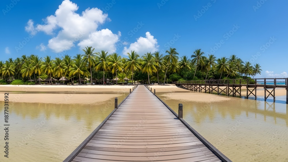 Obraz premium Wooden boardwalk leading to a tropical island with palm trees under a bright blue sky and white clouds.