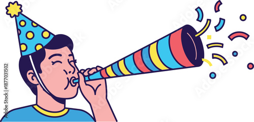 A cartoon man celebrating a birthday by blowing a colorful party horn while wearing a blue party hat with yellow polka dots.