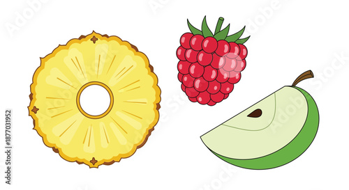 A colorful illustration of a slice of pineapple, a bunch of raspberries, and a slice of pear on a white background.