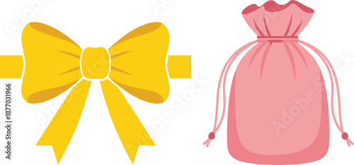 A bright yellow bow and a pink drawstring bag on a white background