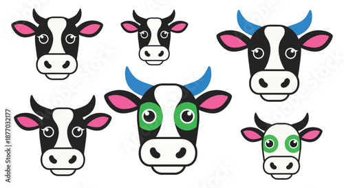 A colorful illustration of six cartoon cow heads with different eye and horn variations on a white background