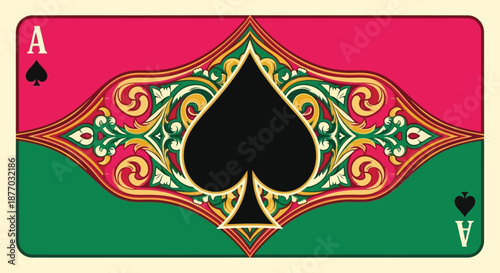 A colorful ace of spades playing card with ornate design