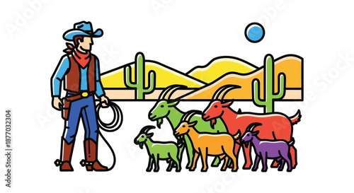 A cartoon cowboy herding colorful goats across a desert landscape with cacti and mountains.