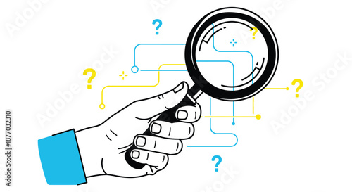 A hand holding a magnifying glass with question marks and lines in the background, symbolizing investigation and inquiry.