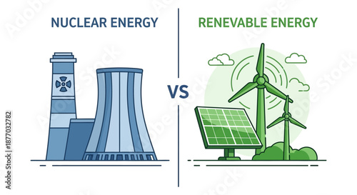 Nuclear Energy versus Renewable Energy Illustration.