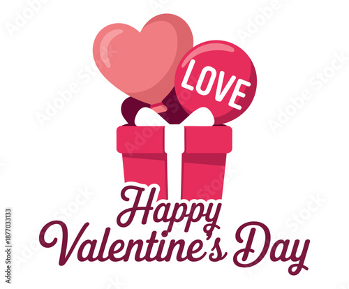 A vibrant illustration depicts a gift box overflowing with balloons, one heart-shaped and another round with the word 'LOVE' inscribed, all beneath the festive greeting 'Happy Valentine's Day'.