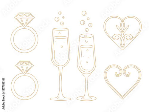 A minimalist graphic representation featuring two diamond rings, two champagne flutes filled with bubbly liquid and rising bubbles, and two ornate heart shapes in a delicate line art style.
