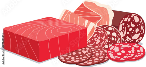 A colorful illustration of various types of cured meats and a block of raw meat on a white background