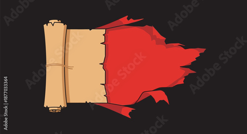 A vibrant red flag emerging from a rolled up parchment on a black background