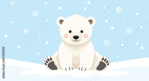 A cute cartoon polar bear sitting in the snow with a happy expression on its face.
