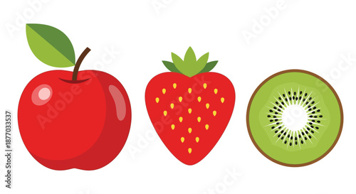 A colorful illustration of fresh fruit including an apple, strawberry, and kiwi on a white background.