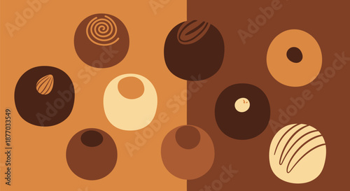 A vibrant illustration of various brown circles with different patterns on a split orange and brown background