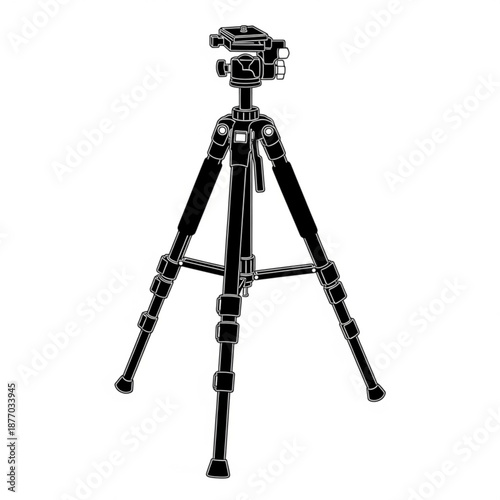 A sturdy black tripod with a camera mounted on top