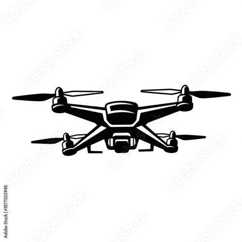 Black and white illustration of a modern drone with propellers