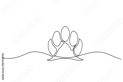 Dog single line illustration clean outline style dog paw print on horizontal ground line for veterinary clinic