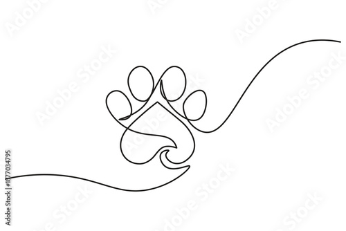 Dog paw continuous one line minimalist outline illustration dog paw with heart pad shape for pet love concept