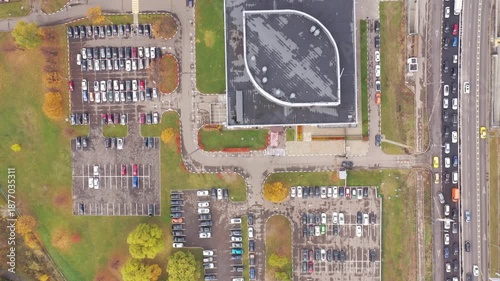 Vertical aerial drone flying forward above MGIMO campus