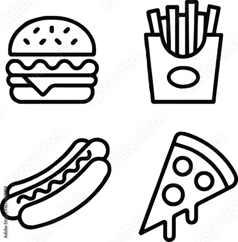 fast food line icons set burger fries hotdog pizza simple art