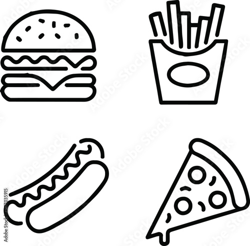 fast food vector icons burger fries hotdog pizza editable set