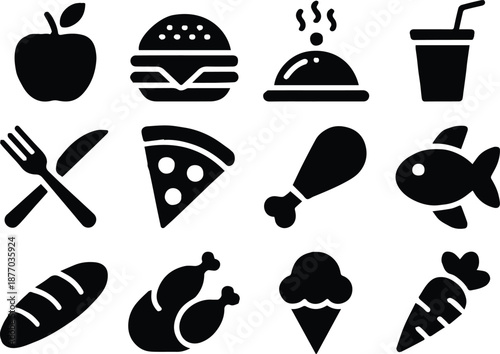 food menu icons collection fork knife cup fish loaf carrot